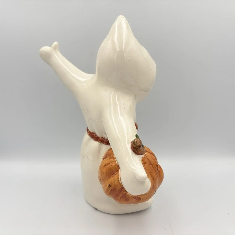 Vintage Ceramic White Ghost W/ Pumpkin / Jack O Lantern & Mouse 11.5